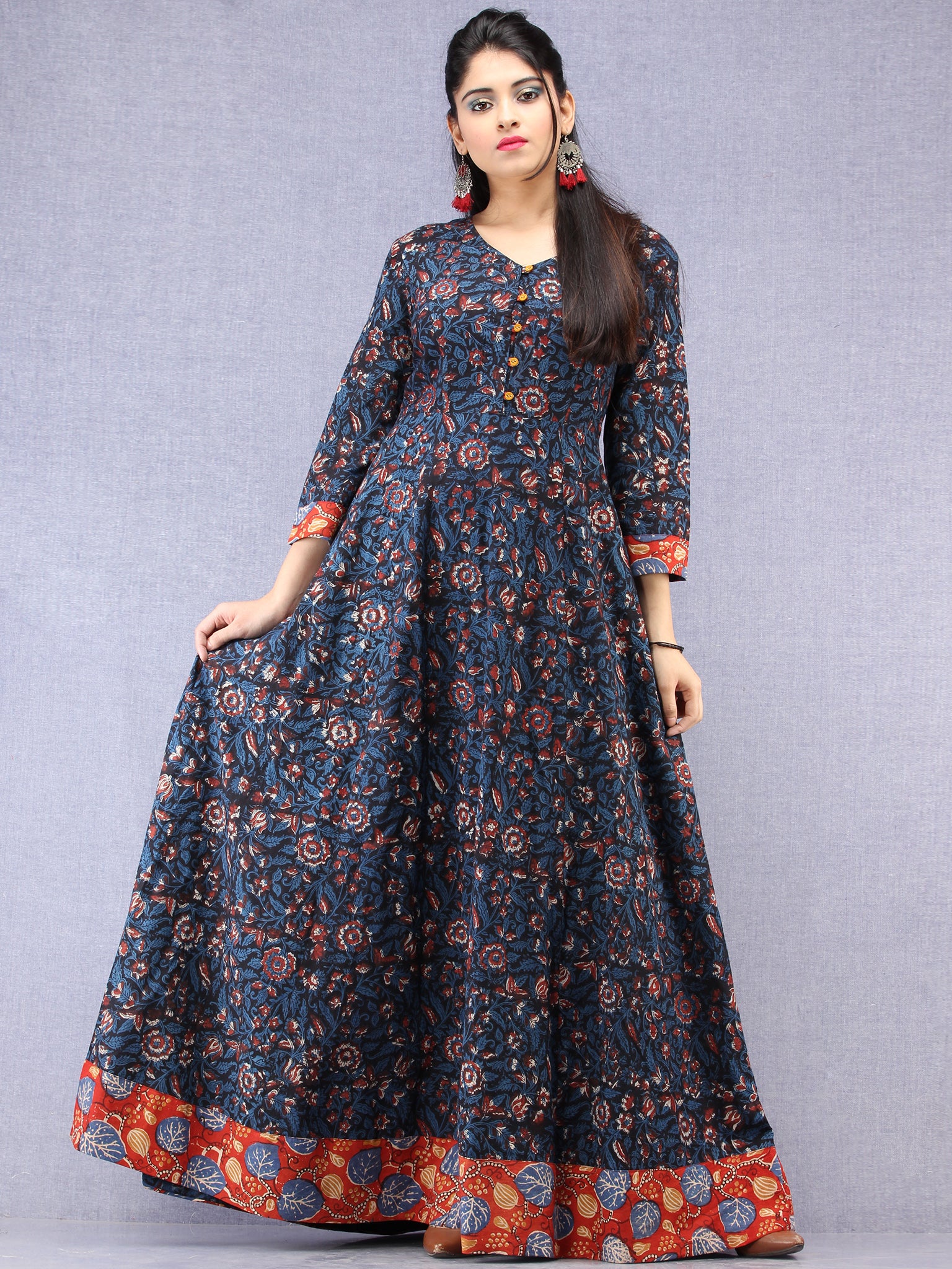 Nazmin - Hand Block Printed Long Cotton Dress With Back Knots - D162F1 ...