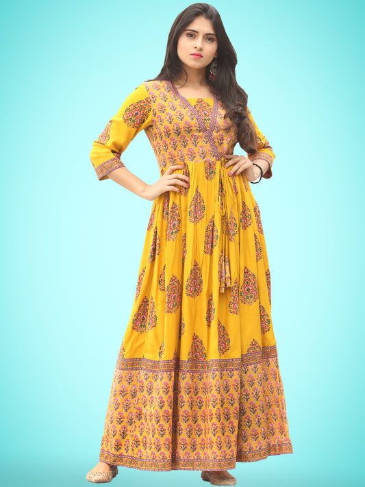 Motif Saga - Hand Block Printed Long Angrakha Dress  - D338F2057