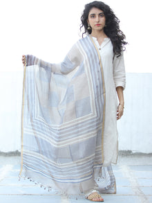 Grey Blue White Kota Silk Hand Block Printed Dupatta - D04170641