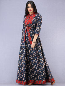 Haseen - Hand Block Printed Long Cotton Dress With Stand Collar  - D391F1843