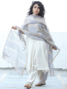 Grey Blue White Kota Silk Hand Block Printed Dupatta - D04170641