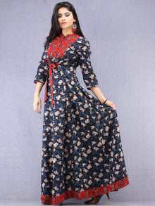 Haseen - Hand Block Printed Long Cotton Dress With Stand Collar  - D391F1843