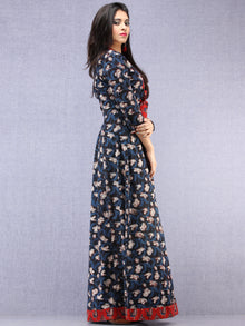 Haseen - Hand Block Printed Long Cotton Dress With Stand Collar  - D391F1843