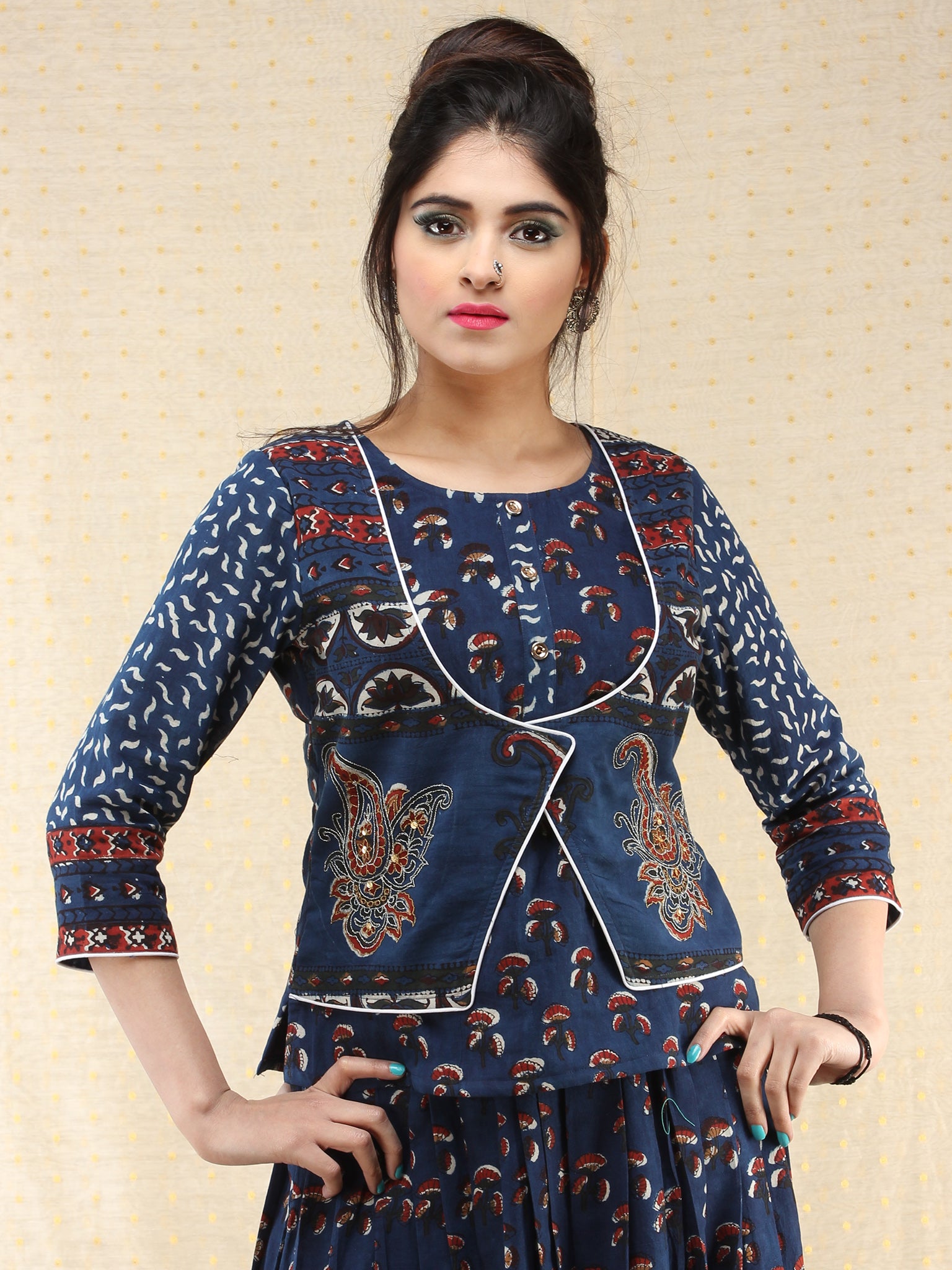 Naaz Furozan - Hand Block Printed Long Embroidered Jacket Top & Skirt ...