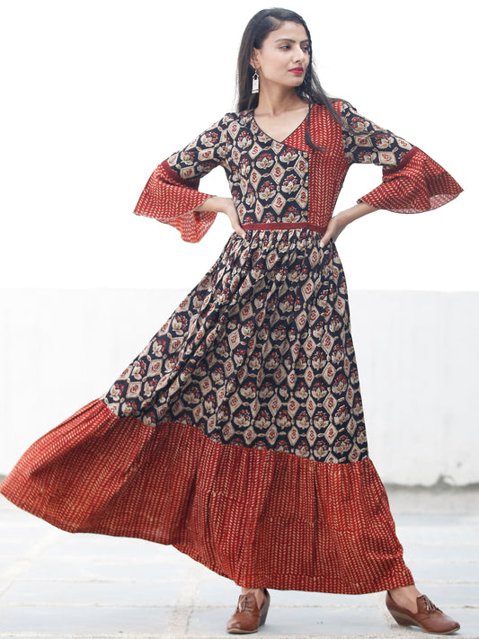 Rustic Imprints - Hand Block Printed Cotton Long Angrakha Dress  - D336F1842