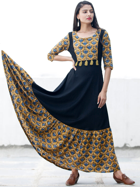 Mustard Indigo Black Hand Blocked Long Cotton & Rayon Dress  - D181F1377