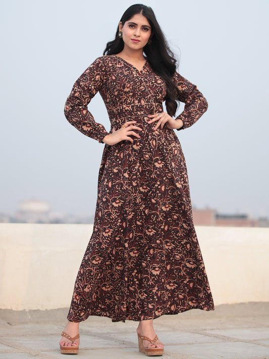 Deep Brown Beige Hand Block Printed Urave Cut Cotton Long Dress D463F1385