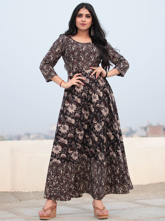 Tareen - Black Beige Brown Hand Block Printed Cotton Long Dress D150F2131