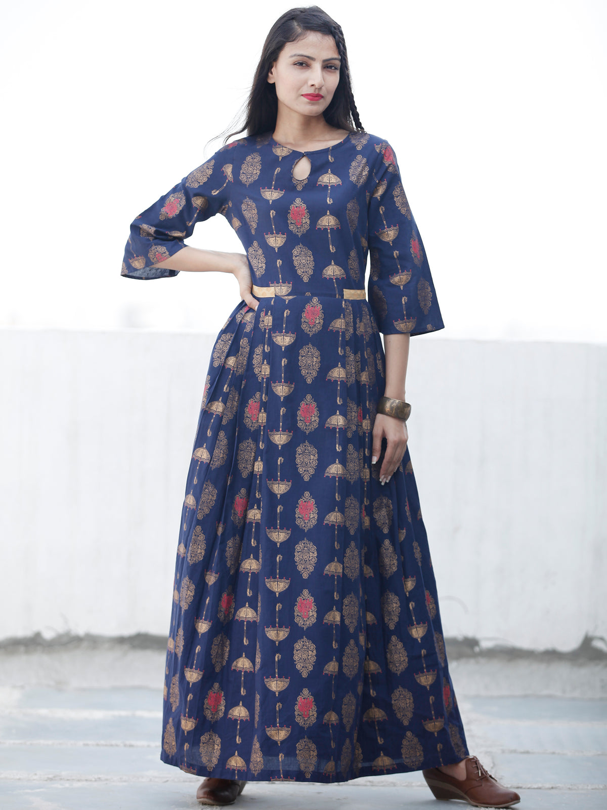 Indigo Gold - Hand Block Printed Cotton Long Dress  - D337FYYY