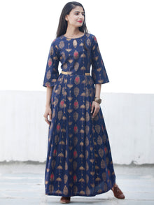 Indigo Gold - Hand Block Printed Cotton Long Dress  - D337FYYY