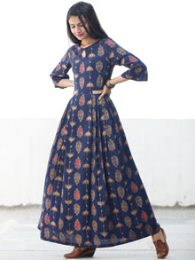 Indigo Gold - Hand Block Printed Cotton Long Dress  - D337FYYY