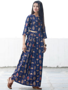 Indigo Gold - Hand Block Printed Cotton Long Dress  - D337FYYY