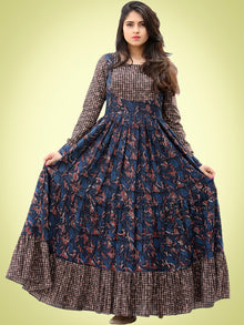 Nuzrat - Indigo Brown Black Hand Block Printed Cotton Long Tier Dress - D135F1358