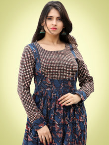 Nuzrat - Indigo Brown Black Hand Block Printed Cotton Long Tier Dress - D135F1358