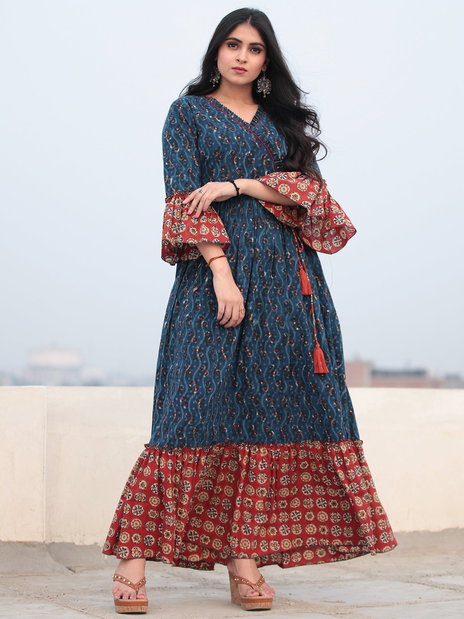 Indigo Red Hand Block Printed Angrakha Style Cotton Long Dress D464F21 ...
