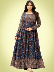 Nuzrat - Indigo Brown Black Hand Block Printed Cotton Long Tier Dress - D135F1358