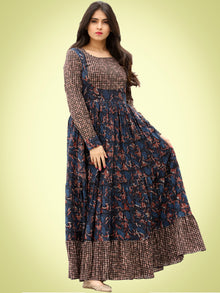 Nuzrat - Indigo Brown Black Hand Block Printed Cotton Long Tier Dress - D135F1358