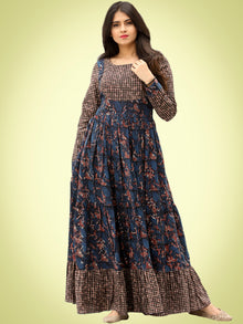 Nuzrat - Indigo Brown Black Hand Block Printed Cotton Long Tier Dress - D135F1358