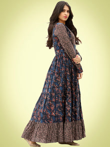 Nuzrat - Indigo Brown Black Hand Block Printed Cotton Long Tier Dress - D135F1358