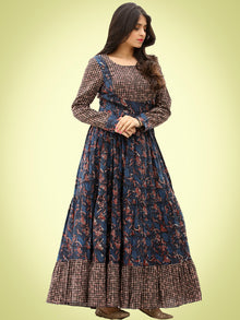 Nuzrat - Indigo Brown Black Hand Block Printed Cotton Long Tier Dress - D135F1358