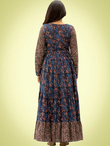 Nuzrat - Indigo Brown Black Hand Block Printed Cotton Long Tier Dress - D135F1358