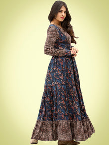 Nuzrat - Indigo Brown Black Hand Block Printed Cotton Long Tier Dress - D135F1358