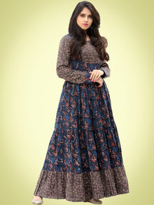 Nuzrat - Indigo Brown Black Hand Block Printed Cotton Long Tier Dress - D135F1358