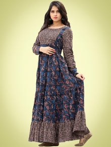 Nuzrat - Indigo Brown Black Hand Block Printed Cotton Long Tier Dress - D135F1358