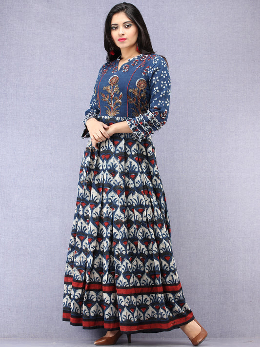 Naaz Mawara - Hand Block Printed & Embroidered Long Cotton Box Pleated Dress - DS96F001