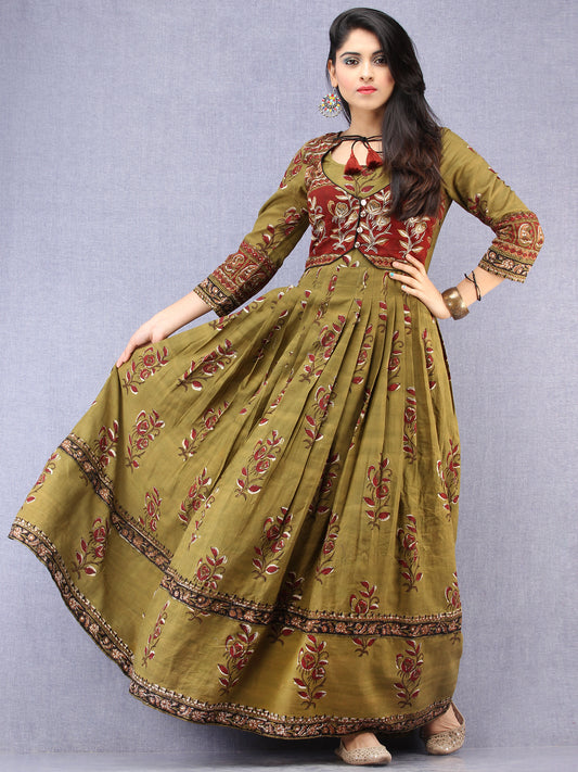 Naaz Maham - Hand Block Printed & Embroidered Long Cotton Box Pleated Dress With Tassels - DS95F001