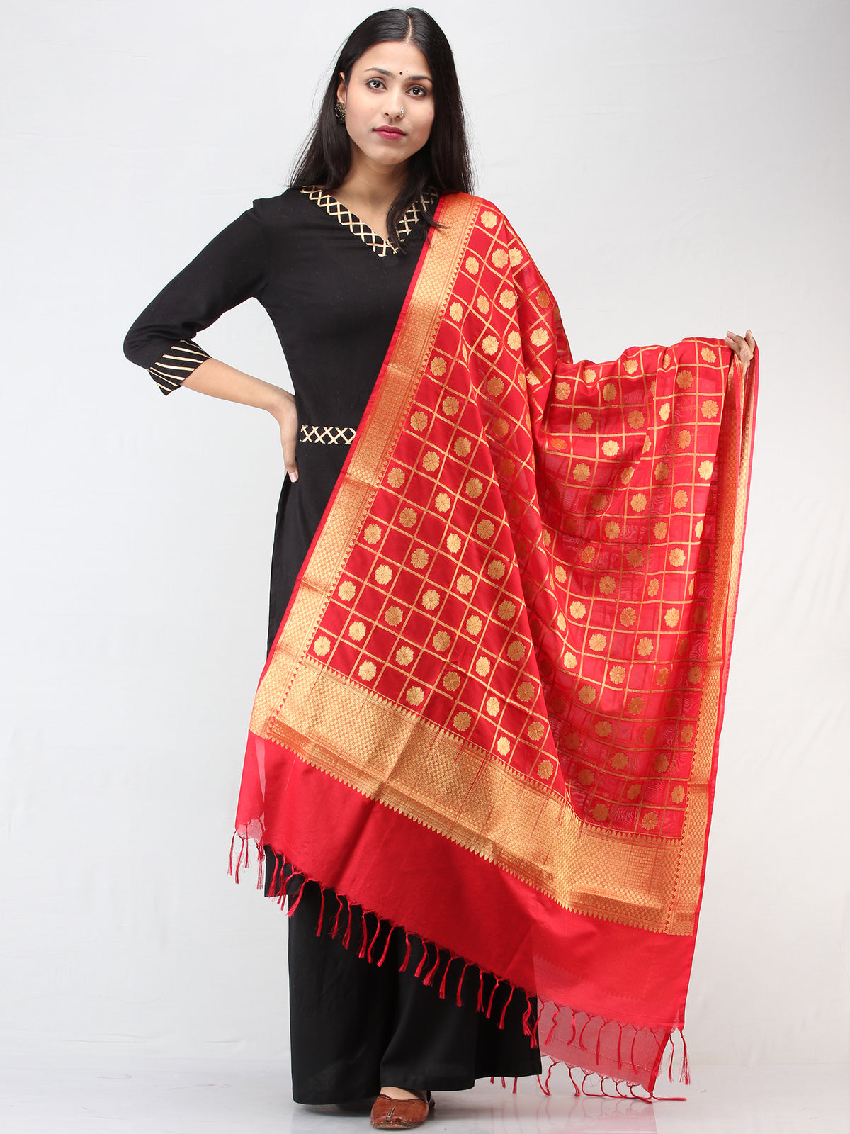 Banarasi Chanderi Jaquard Dupatta With Zari Work -  Red & Gold  - D04170913