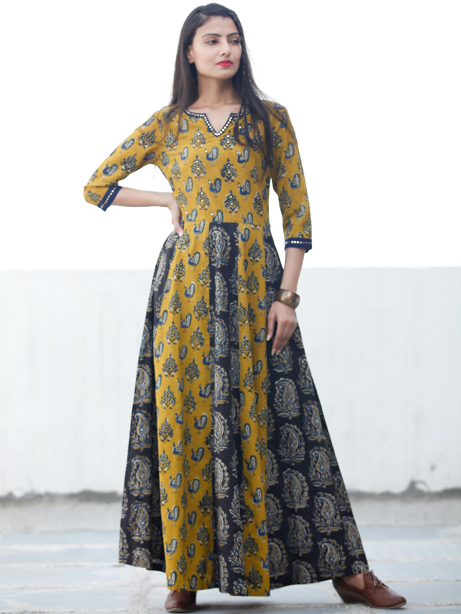 Classic Peacock - Hand Block Printed Long Cotton Sequence Work Dress ...