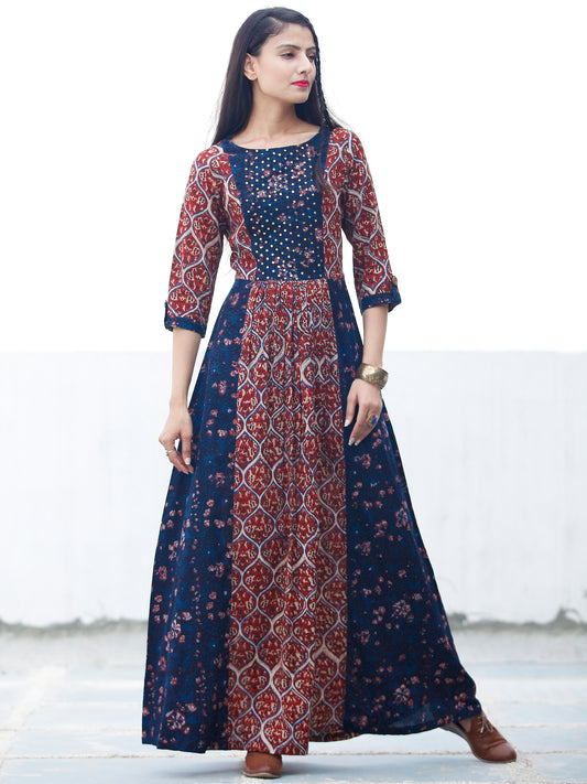 Block Sequence - Hand Block Printed Long Cotton Dress With Embroidery - D349F1807