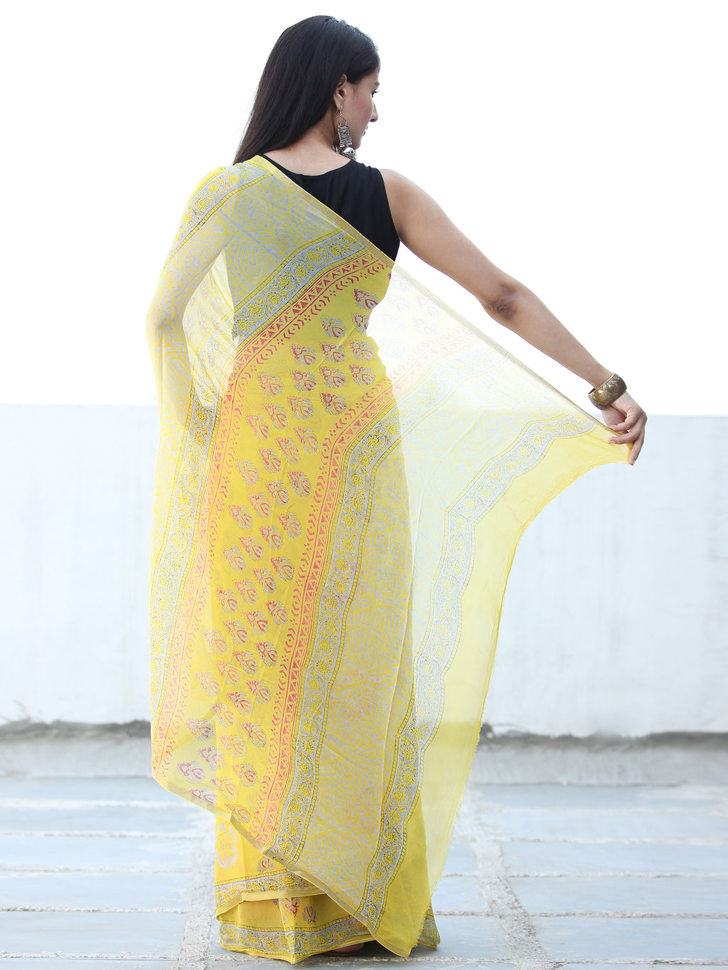 Lemon Yellow Pure Banarasi Khaddi Chiffon Saree - Aura Benaras