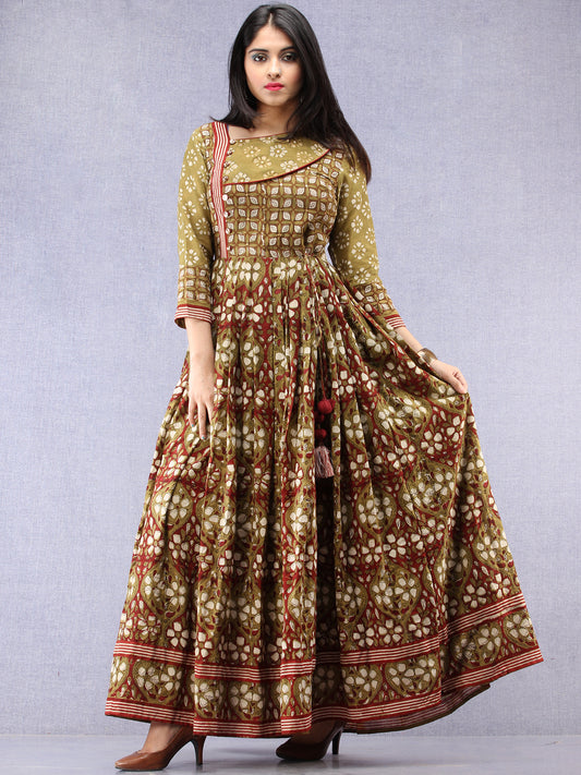 Naaz Kaneez - Hand Block Printed Long Cotton Angrakha Pleated Dress - DS94F001