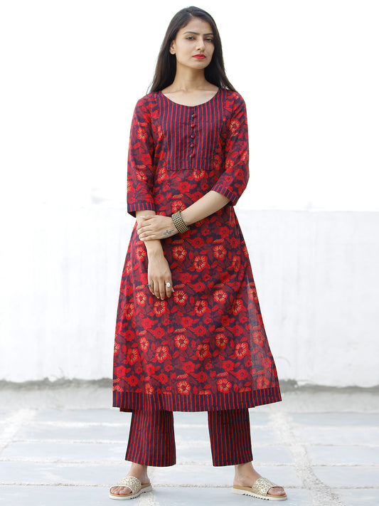 Red Black Cotton Block Printed Kurta & Pants - Set of 2 - SS01F1938