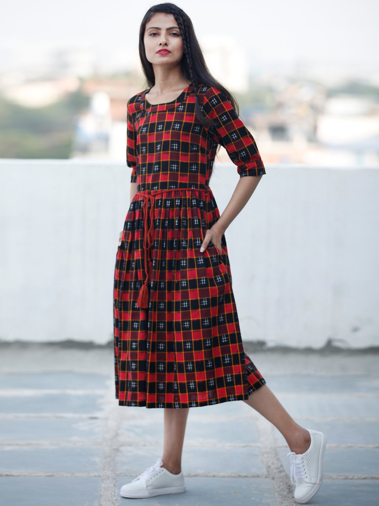 CHECK BOARD - Handwoven Double Ikat Dress With Tassels - D332F822 ...