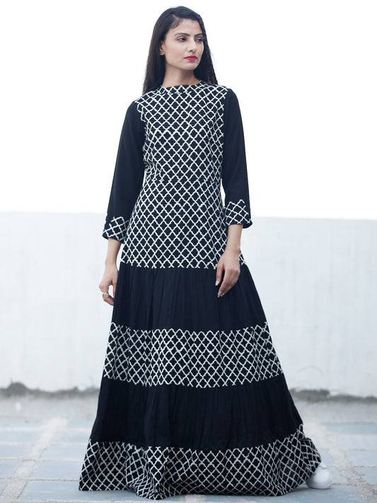 DARK BRIGHT - Hand Block Printed Cotton Long Dress  - D335F1741