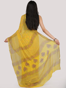 Bright Yellow Green Hand Block Printed Chiffon Saree With Zari Border - S031704708