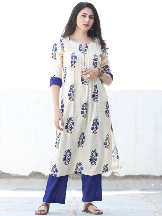 Off White Royal Blue Cotton Block Printed Kurta & Pants - Set of 2 - SS01F052