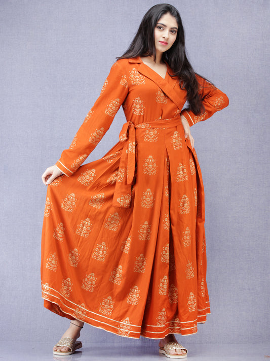 Jahanara - Rust Orange Gold Printed Long Box Pleated Dress - D379F2003