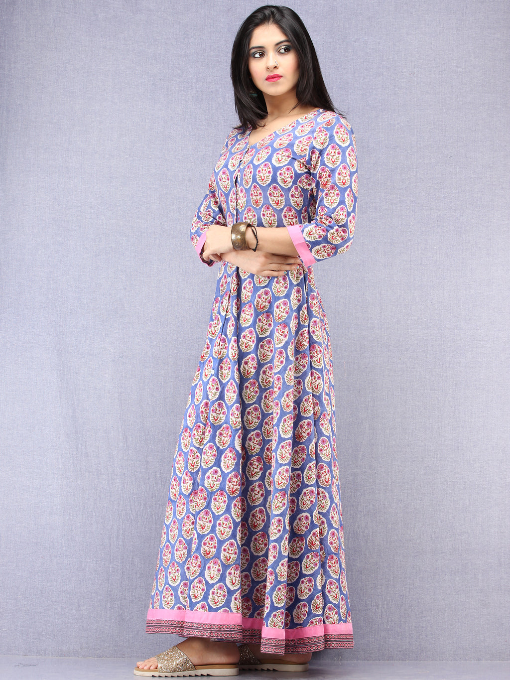 Cotton front open style long frock paired with smart trouser angrakha  peplum frock with tulip stitched two-piece suit traditional wear