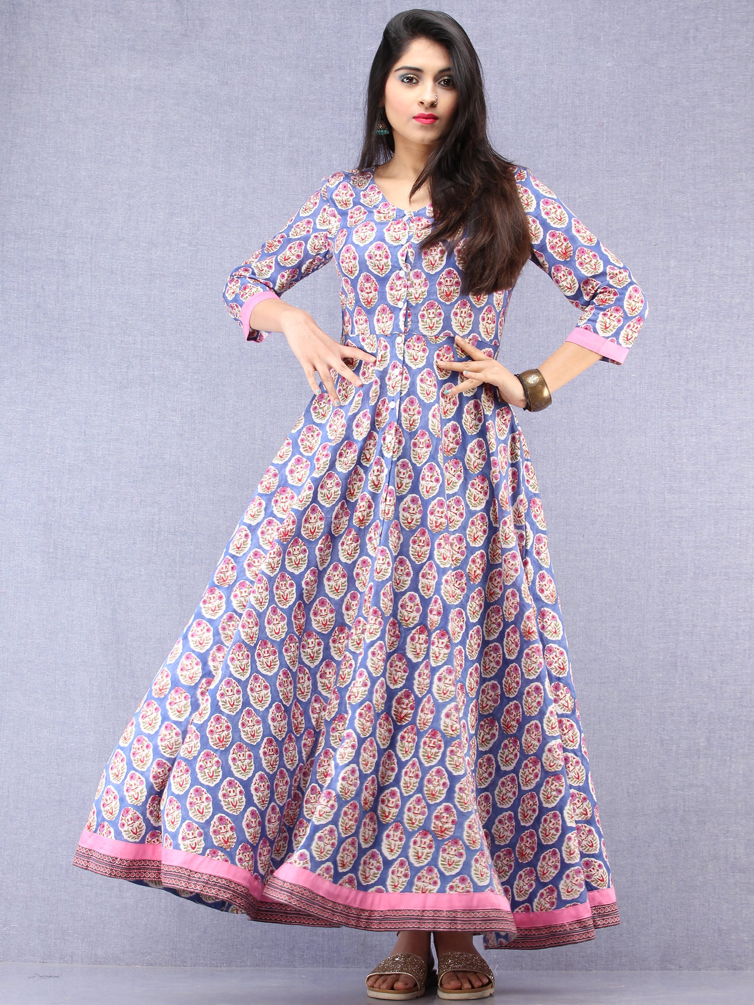 Kashida - Hand Block Printed Front Open Cotton Dress - D79F1093 – InduBindu