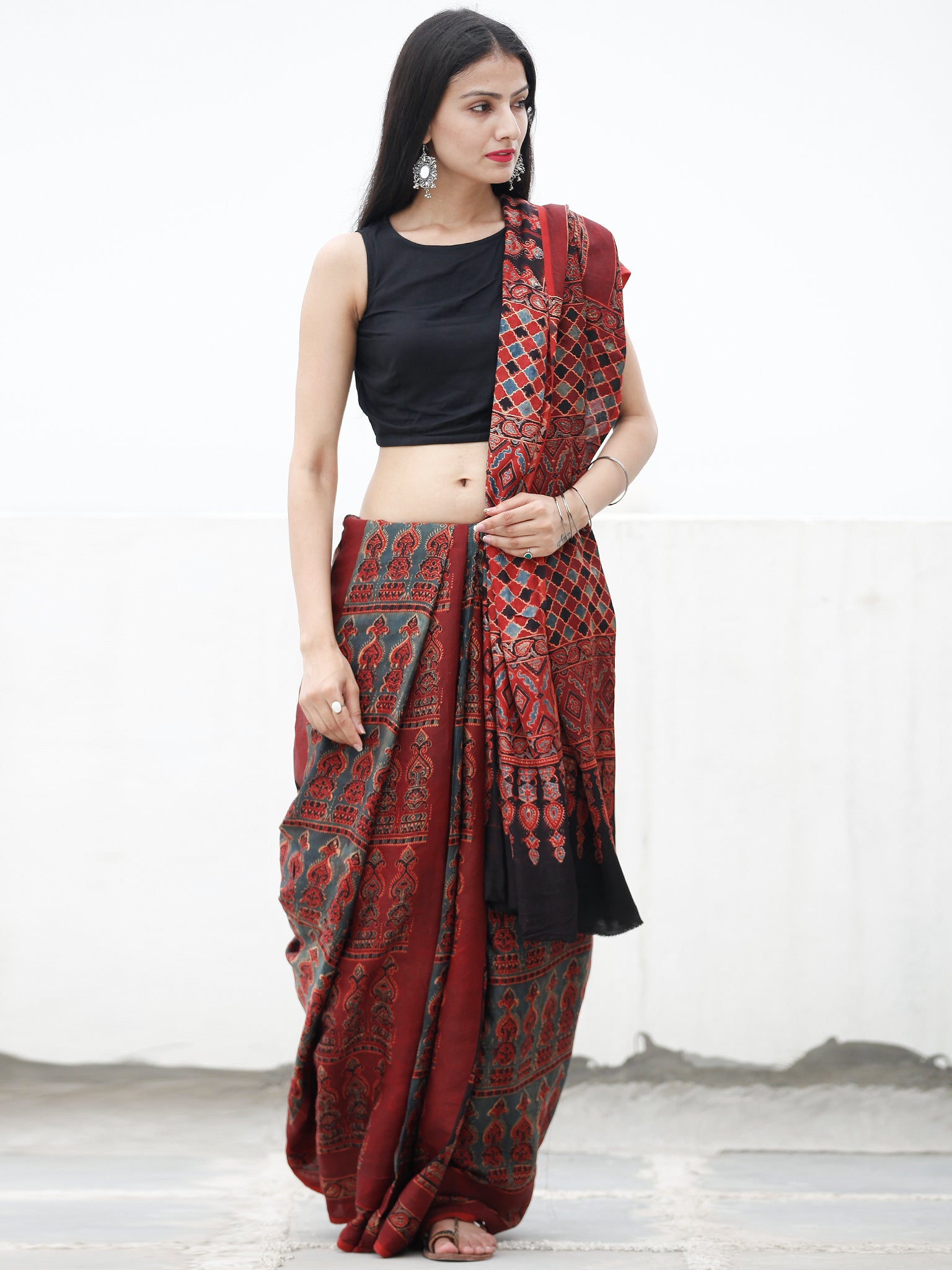 Ajrakh Hand Block Printed Modal Silk Saree at InduBindu