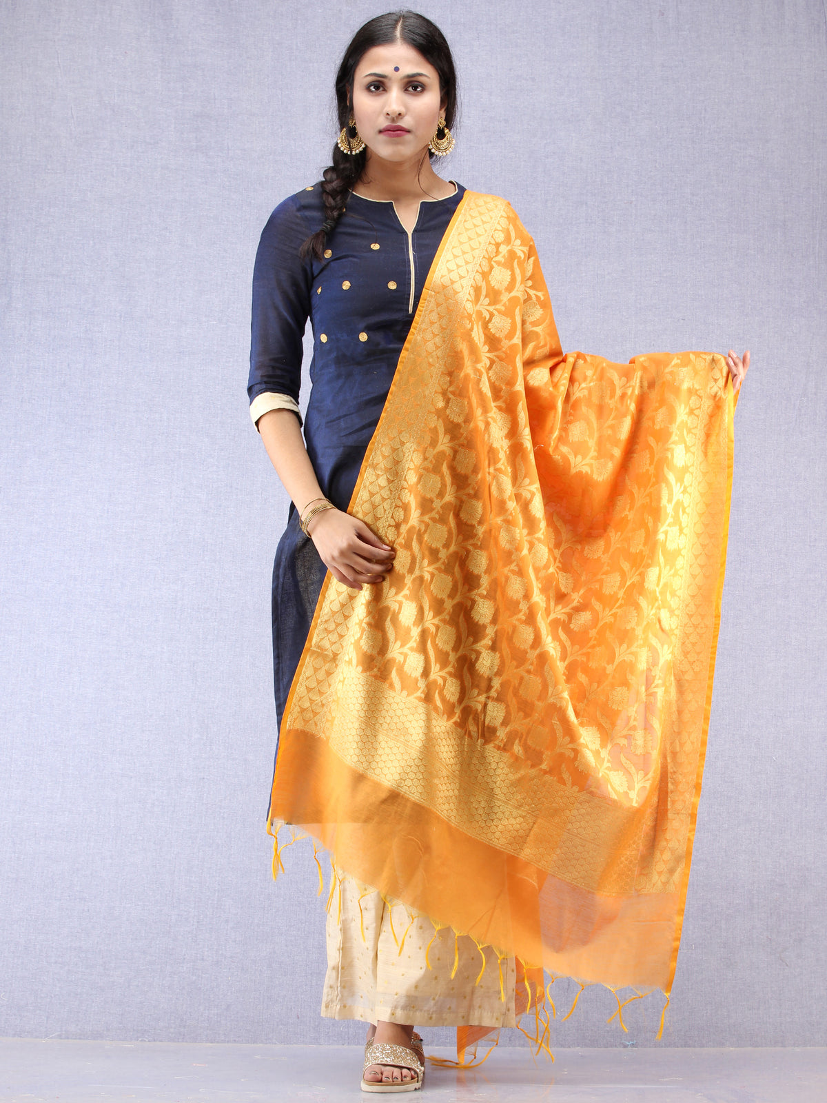 Banarasi Chanderi Dupatta With Resham Work - Yellow & Gold - D04170819