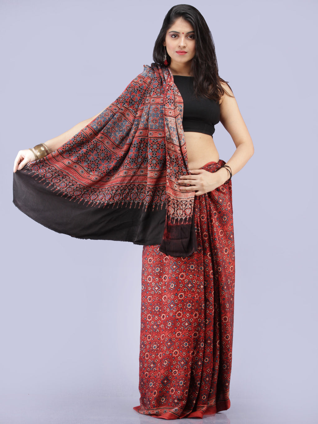 Red Violet Bandhani Ajrakh Hand Block Print Natural Modal Silk Saree –  Dharang