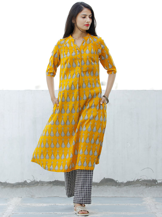 Mustard Yellow White Cotton Hand Block Printed Kurta - K001F1867