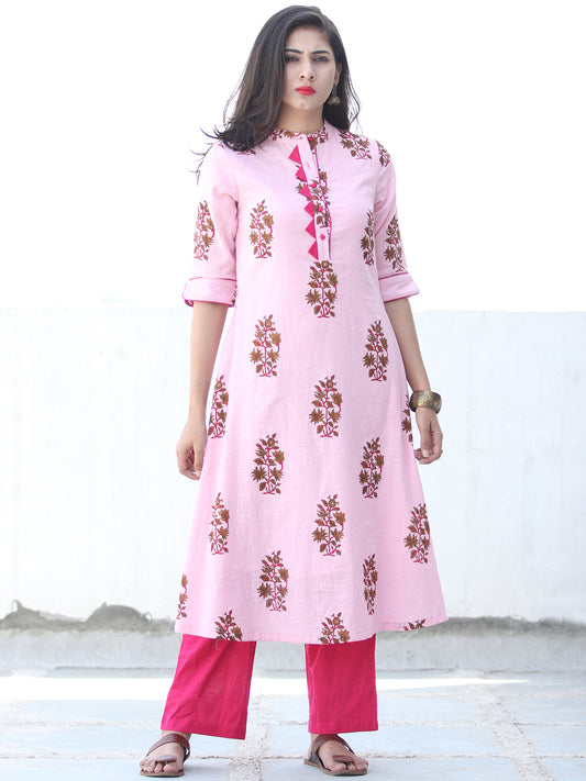 Pink Coral Brown Cotton Block Printed Kurta & Pants - Set of 2 - SS01F048