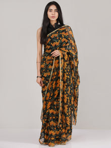 Black Orange Geen Hand Block Printed Chiffon Saree With Zari Border - S031704684