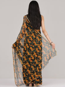 Black Orange Geen Hand Block Printed Chiffon Saree With Zari Border - S031704684